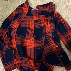 Red and navy blue plaid button up
